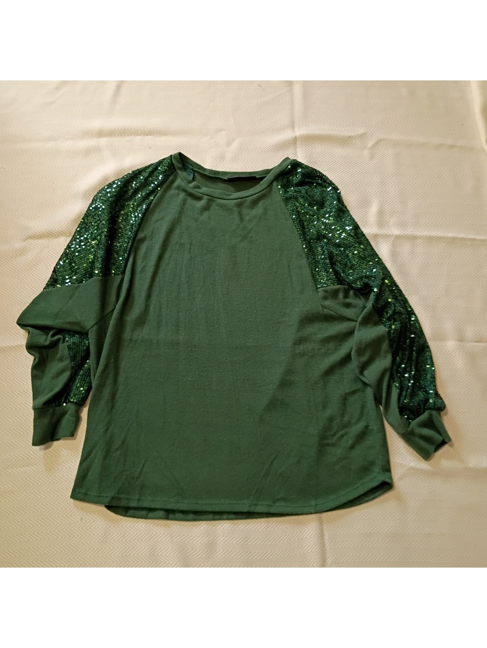 Glitzy Girlz Women's Green Long Sleeve Top with Sequin Sleeves